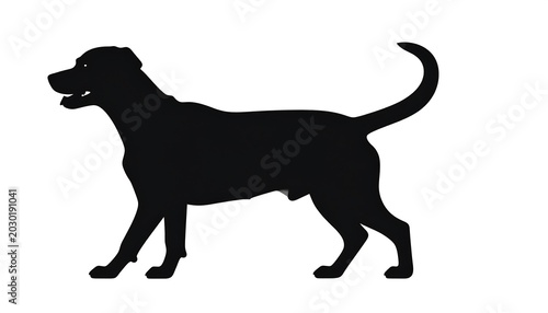 A simple, minimalist silhouette of a dog in profile, walking to the left. The figure is solid black against a white background