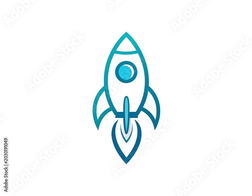 A simple, modern illustration depicts a stylized rocket ship with a gradient blue outline, white filling, and small flames