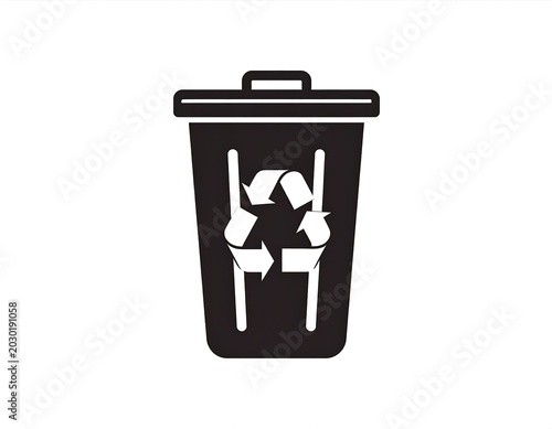 A simple, monochrome vector illustration of a trash receptacle with the recycling symbol displayed on the front