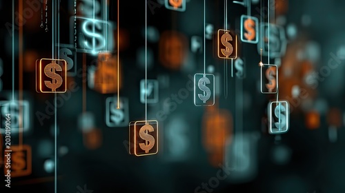 Abstract representation of digital currency symbols in a futuristic environment with glowing dollar signs floating in space