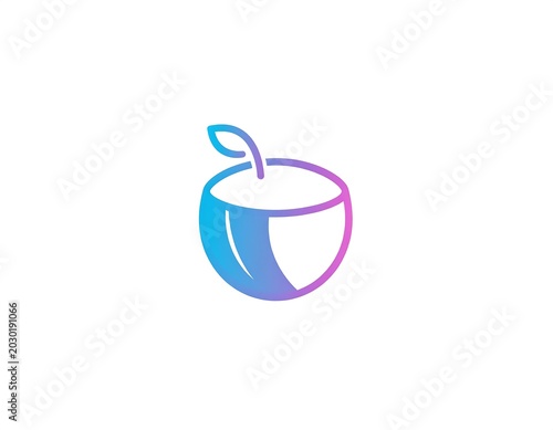 A simple, modern icon depicts a halved fruit with a small stem and leaf. The image uses a gradient color scheme of blue and purple