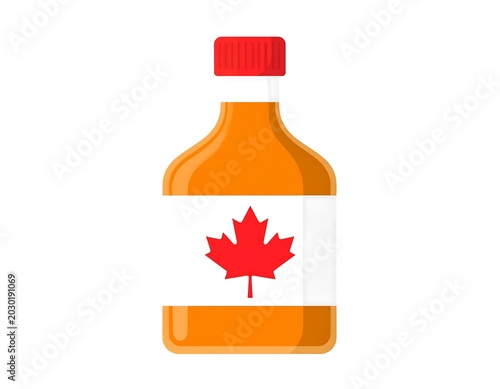 A simple, orange-colored bottle filled with liquid. It has a red cap and a white label featuring a stylized red maple leaf