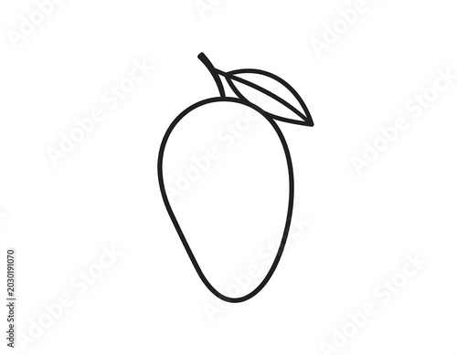 A simple outline drawing of a mango fruit with a leaf and stem, set against a blank white backdrop