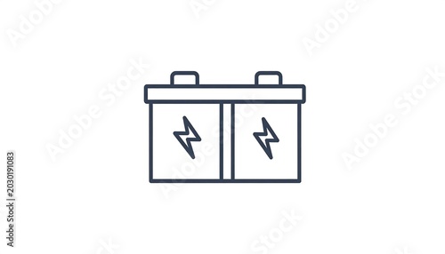 A simple outline drawing of a rectangular automotive power source, featuring two terminals and lightning bolts on its front