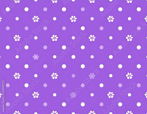 A simple, repeating pattern features alternating white dots and floral shapes on a light purple background. The flowers have five petals