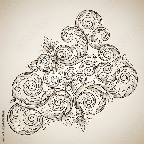 Intricate vintage-inspired swirling ornamental corner flourish featuring elegant acanthus leaves and classic baroque decorative elements, perfect for sophisticated design projects