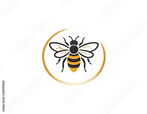 A simplified illustration of an insect with six legs, wings, and striped abdomen, encircled by a gold-colored crescent