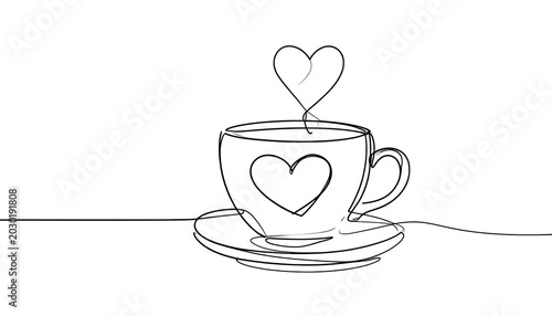 A single continuous line drawing of a coffee cup with heart-shaped steam and another heart on its face
