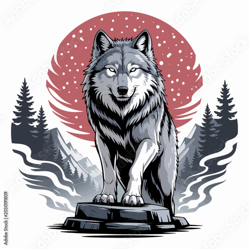 Valokuva Gray wolf standing on rock formation.