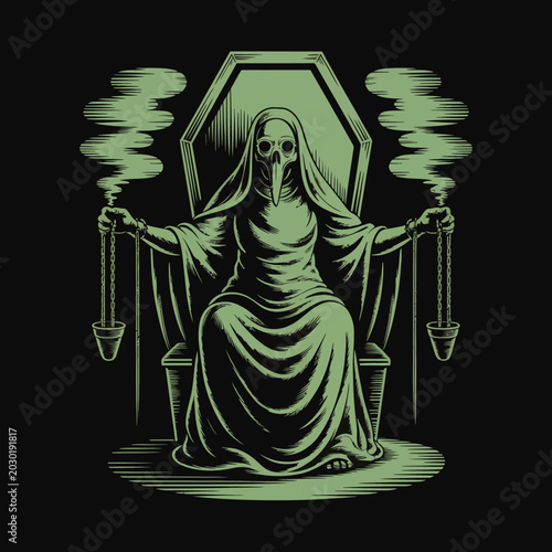 Fotografie Green skeleton woman sitting on throne.