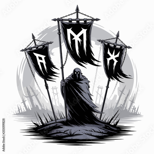 фотографія Hooded figure holding symbolic banners standing.