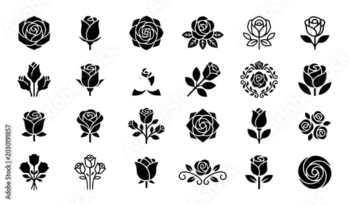 Bild auf Leinwand Modern rose flower icon collection vector set with floral blossom illustrations