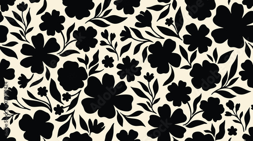 Black floral pattern on beige background, seamless botanical design