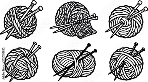 Black and white yarn ball with knitting needles vector illustration