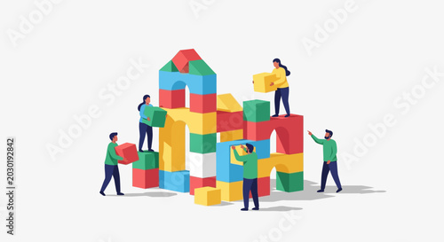 People building with colorful blocks together.