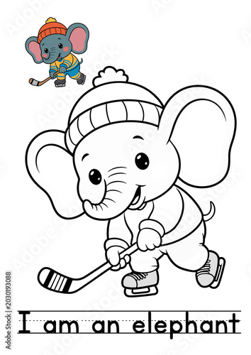 Canvas Print Elephant playing ice hockey with a stick and skates provides a fun coloring page