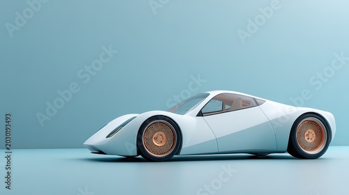 Sleek Modern Sports Car with Unique Wheel Design Against a Soft Blue Background Showing Minimalist Aesthetic and Innovation