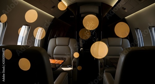 Luxury private jet cabin interior with ambient golden light and plush seating, evoking an atmosphere of exclusive travel and sophistication at night