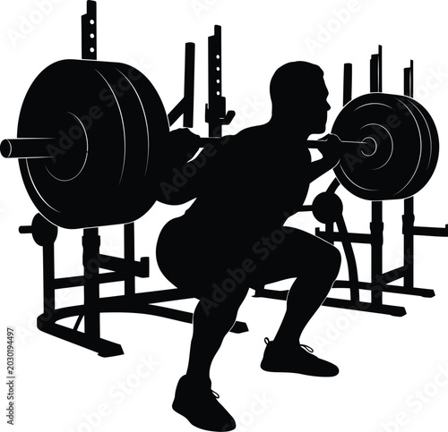 Schilderij op canvas Strong muscular man doing a heavy barbell back squat exercise with a power rack