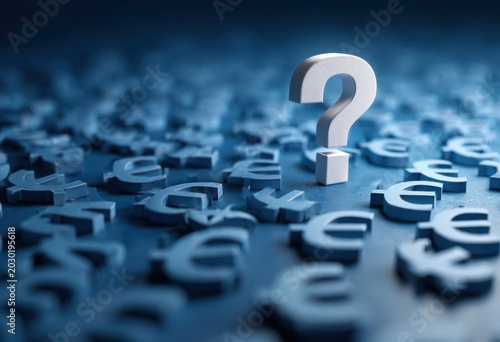 White Question Mark Among Blue Euro Currency Symbols