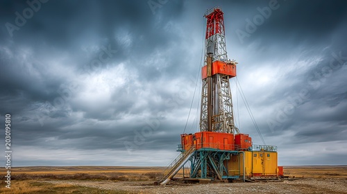 Oil drilling rig on a cloudy day in a rural landscape with dramatic sky and barren land in the background