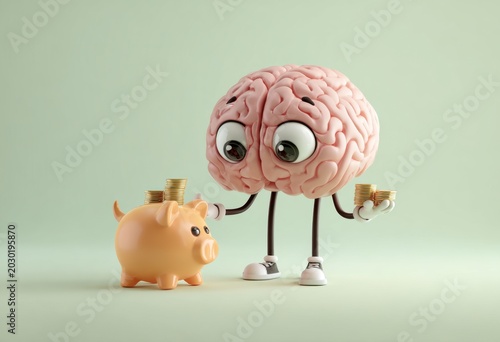 Cartoon Brain Character Holding Coins With Piggy Bank