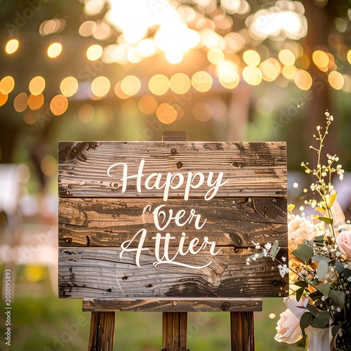 Rustic wooden sign with 'Happy Ever After' text on easel with flowers 