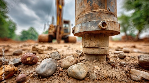 Close-Up of Construction Drill and Soil During Earthwork for Infrastructure Development in Urban Landscape