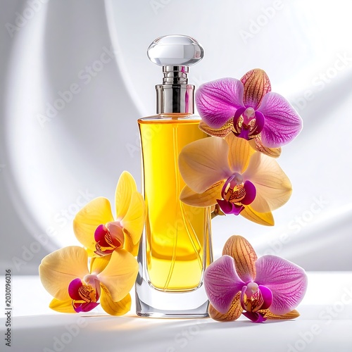 Perfume bottle with yellow liquid and purple orchid flowers