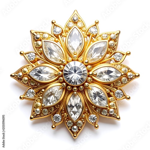Luxurious gold brooch with clear crystals and diamonds