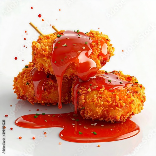 Crispy fried chicken nuggets with ketchup sauce and herbs