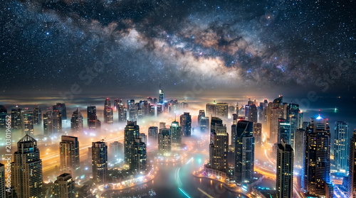 City Above the Fog with Milky Way, Majestic night cityscape with the Milky Way galaxy above a foggy modern skyline and illuminated waterways