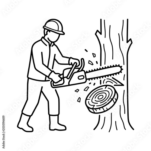 Minimal outline icon of lumberjack chainsaw slicing tree trunk section  timber production industry concept