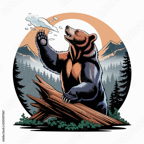 Photos Brown bear standing on wood smoking.