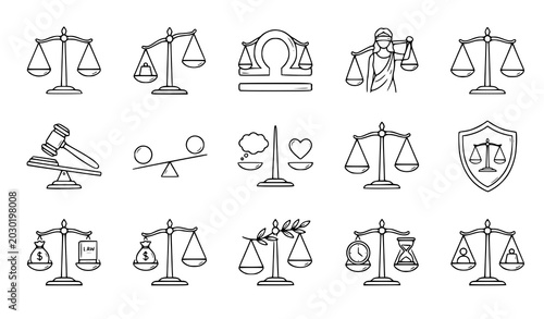 Tableau sur toile Minimal Libra balance scale icon collection with balanced and imbalanced hand dr