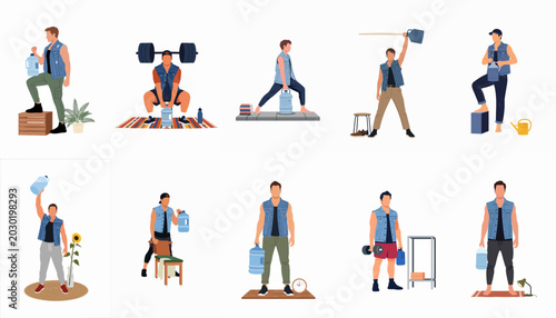 Foto Set of flat illustrations showing a man performing various home workouts using large water bottles as makeshift weights for strength training and fitness