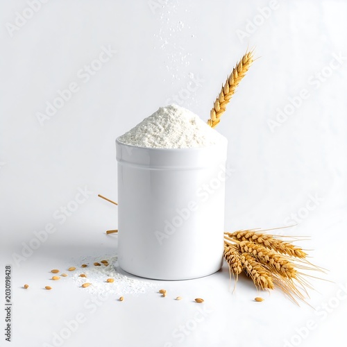 White container filled with wheat flour and wheat grains on white back