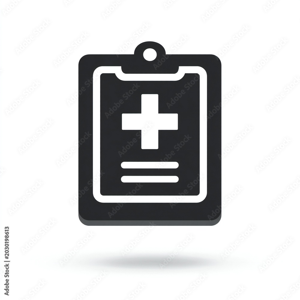Obraz premium Minimalist black and white medical first aid icon enclosed in a square frame with a keychain loop, set against a plain white background.