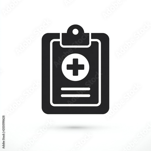 A black and white medical first aid badge icon featuring a plus sign, designed in a flat style and isolated on a plain white background.