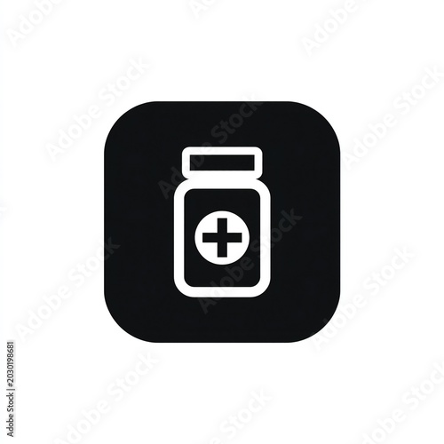 Minimalist flat design medical cross plus icon enclosed in a black square button, isolated on a clean white background with modern and professional styling.