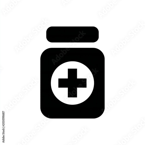 A simple and clean medical cross icon in white color centered on a black square background with a subtle shadow, representing healthcare and first aid in a minimalist style.