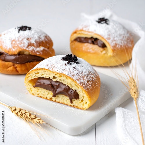 chocolate filled pastries with powdered sugar on white plate