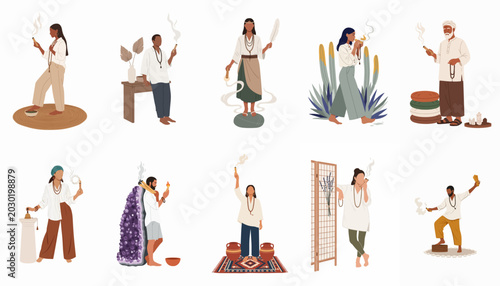 Diverse group of people performing spiritual cleansing rituals with palo santo, sage, crystals, and incense in a modern vector illustration style.