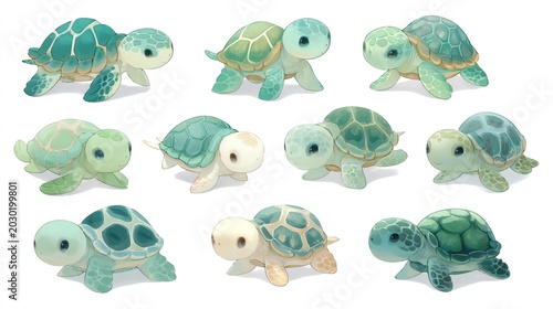 A collection of twelve hand-painted watercolor sea turtles in various shades of blue and green, arranged in a scattered composition against a light, translucent background.