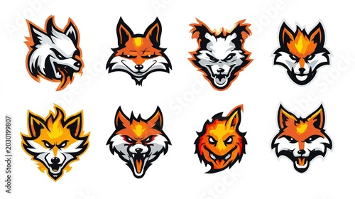 Collection of six detailed fox head illustrations with expressive eyes and fur textures, designed in bold orange and white line art style on transparent background.