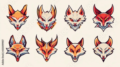 A series of six stylized fox faces arranged in a row, featuring vibrant colors and a modern low poly  art design with sharp geometric shapes and clean lines.