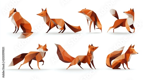 A series of  illustrations depicting a red fox in various running and walking poses, isolated on a clean white background with a flat design style.