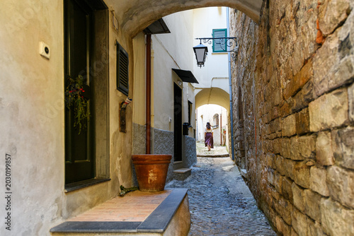Принти на полотні A young woman walks through a narrow cobblestone alley with vaulted archways and tunnels in the historic, medieval old town of Cervo, Italy, a hilltop village in the Ligurian region