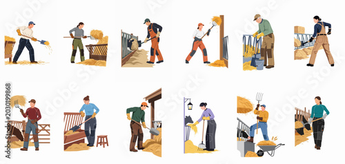Bild auf Leinwand Flat illustration collection of farmers feeding livestock, pitchforking hay, and performing various agricultural chores in a barn setting