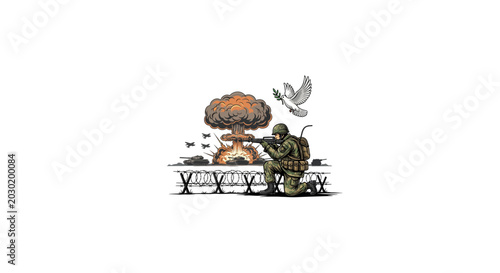Photos Soldier sitting on bench with a dove and nuclear explosion in the background symbolizing peace and war